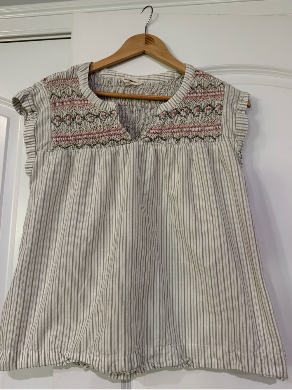 Lucky Brand Short Sleeve Smocked Top, Green Stripe, Size XS